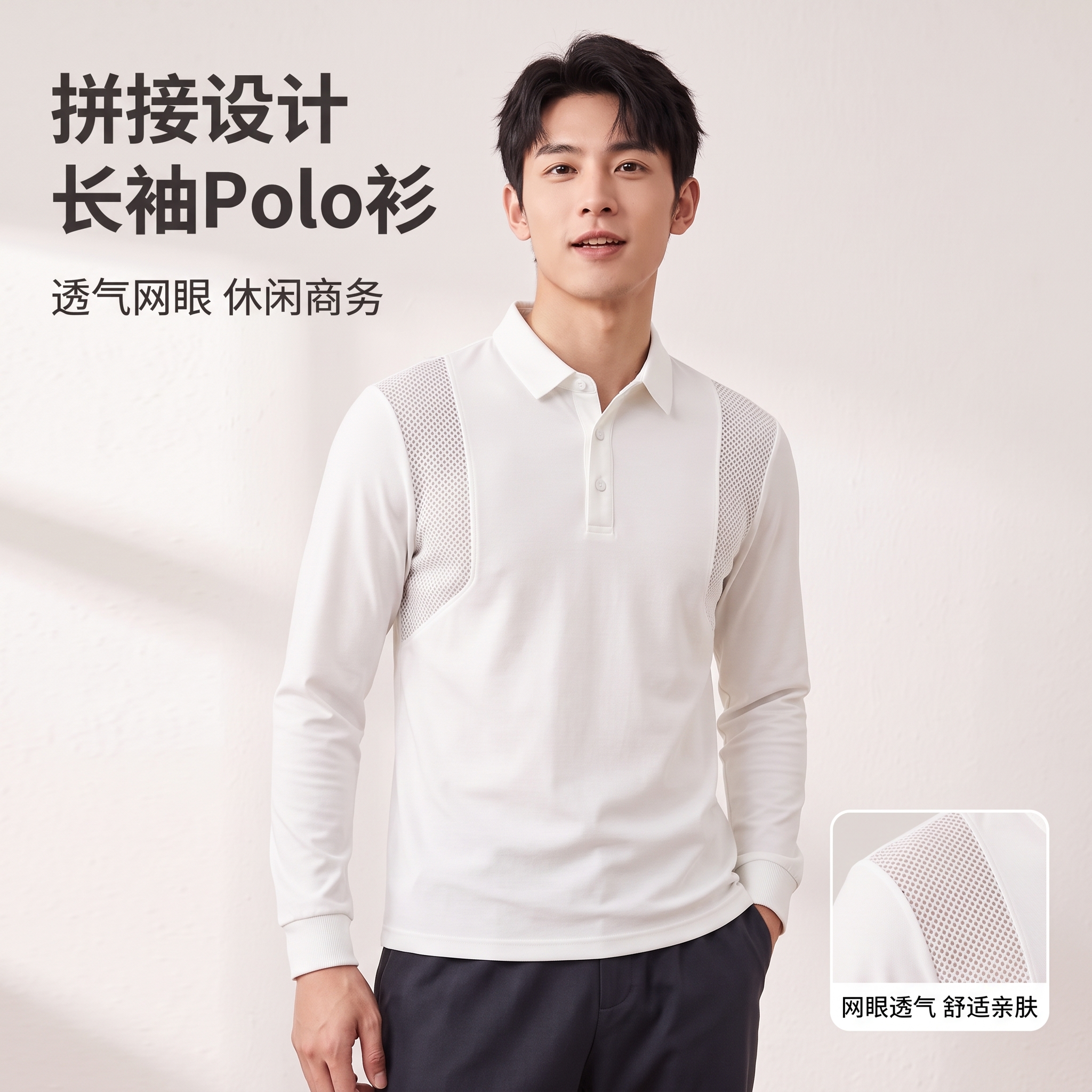 请将参考图 1 的【白色长袖拼接网眼polo衫】1:1 还原其… - 图片创意预览