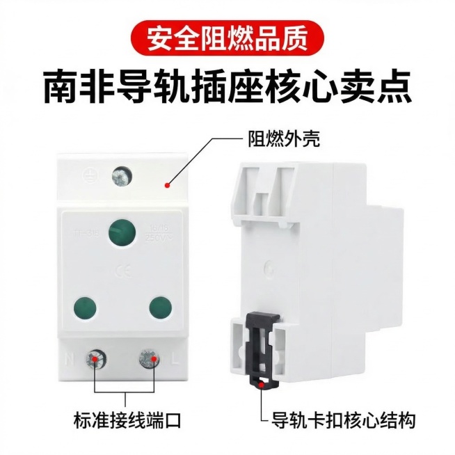 基于参考图片生成南非导轨插座淘宝主图第二张，产品外观和原图保持一致，风格简约大气严谨安全，展示核心卖点，用引线标注阻燃外壳、标准接线端口、导轨卡扣核心结构，突出安全阻燃品质，排版专业清晰，1:1构图，预览效果