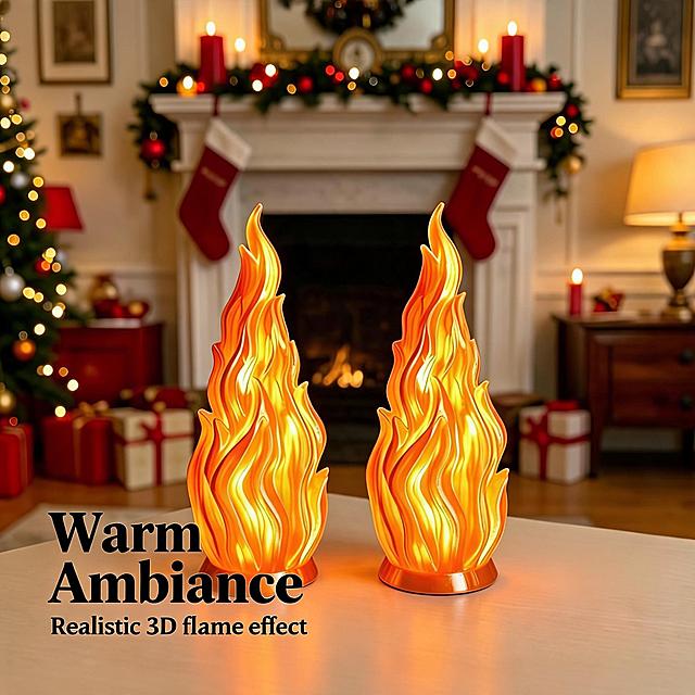 [Main Image 2] Cozy Christmas Living Room Scene Display for Flame Lamps. Two flame lamps placed on the living room coffee table, lit to create warm ambient atmosphere. Background has Christmas tree and fireplace decoration, matching the holiday home style. Keep product appearance (physical structure, material texture, color) exactly the same as the input image, eliminate any distortion and color difference, meticulous processing. Commercial photography quality, soft and transparent light, clear real product, advanced picture. The flame light forms soft reflection on the table and wall, warm overall tone. Product occupies about 60% of the frame, full screen without border. Main color warm neutral, auxiliary color Christmas red and green. Eye-level perspective, deep depth of field, layered sense. Text layout on the left negative space, left alignment, safe margin. Large text "Warm Ambiance" bold sans-serif, medium size; small subtext "Realistic 3D flame effect" smaller size, same color. 1:1 ratio, 4K resolution, text clear recognizable, ultra HD. Negative prompt: deformation, watermark, text confusion, blurred product image, cluttered background.