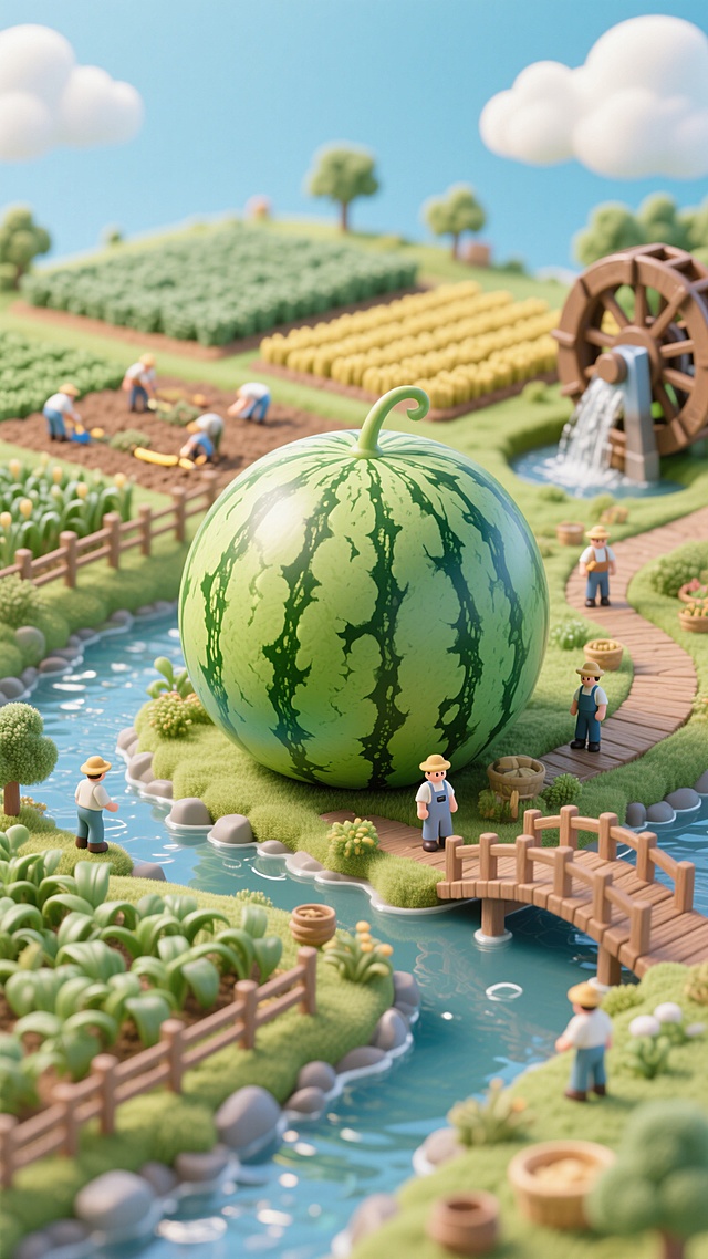 巨大的西瓜作为视觉中心，小桥流水，栈道，远处有水车和农田，农民，蓝天白云