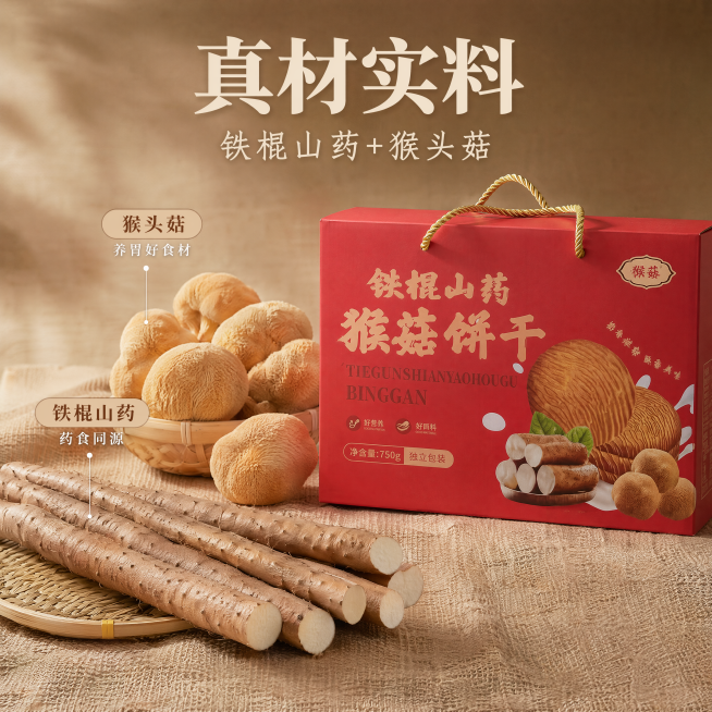 [主图-2] 铁棍山药猴菇饼干核心原料展示图，中式国民风。
[氛围风格] 真实自然，突出原料品质，建立信任。
[画质] 商业摄影质感、光线柔和通透、产品清晰真实、画面干净高级，保持产品外观与原图一致，预览效果