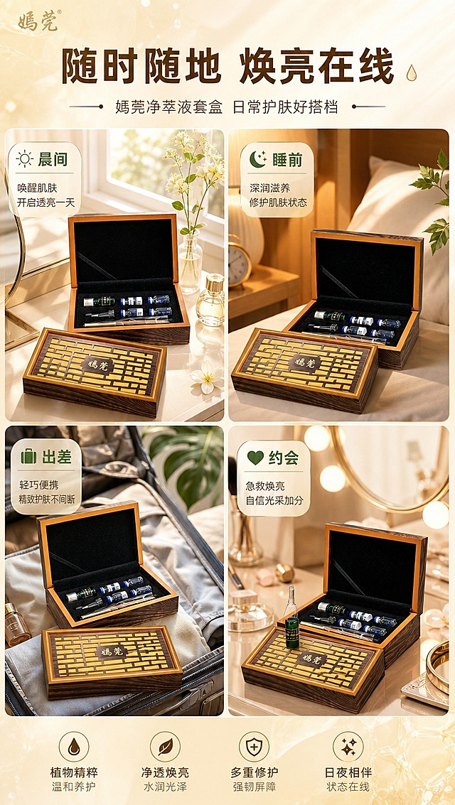[商品] 使用【图1】嫣莞净萃液套盒；保留木纹礼盒外观与品牌字样；每个场景中产品以合适角度出现。
[画面] 目标：多场景种草，展示产品融入日常生活。构图：2×2四宫格拼图，分别为「晨间护肤」（梳妆台场景，阳光洒入）、「睡前养护」（卧室暖光，床头柜）、「出差便携」（行李箱/化妆包内）、「约会前急救」（化妆镜前）。每格内产品与场景自然融合。顶部大标题，画面有整体感。
[视觉] 套系策略：风格=光亮通透植萃护肤商业摄影风；标题字=现代简约粗黑体；正文字=纤细优雅无衬线体；主色=暖米金+草木绿；背景延展=基于暖米金做深浅渐变、水光纹理、植物剪影层次；强调色=翡翠绿，仅用于小面积图标、引线、标签和局部光效；标题色=深棕金；正文色=暖灰棕；组件=圆角胶囊信息卡、细线引线、水滴形图标；光影=左前侧暖柔光，产品边缘带轮廓光，整体通透明亮。
[文字] 顶部主标题「随时随地 焕亮在线」；每格角落标注场景名「晨间」「睡前」「出差」「约会」；文字横排，不遮挡产品主体，手机端可读。
[规格] 图片比例9:16竖版，4K分辨率，负向提示：黑金奢华风、极简空白、淡斑色斑等违规词、文字竖排、产品变形、错字、冷蓝背景、优惠促销信息。