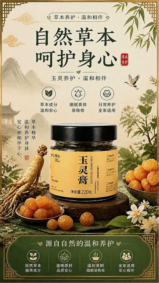 基于这张玉灵膏海报重新设计，强化中式风格，保留整体排版和商品展示，将海报中所有的“熬”字全部修改替换为“蒸”字，保持其余文字内容基本不变，整体添加更多中式传统设计元素，营造东方古典氛围