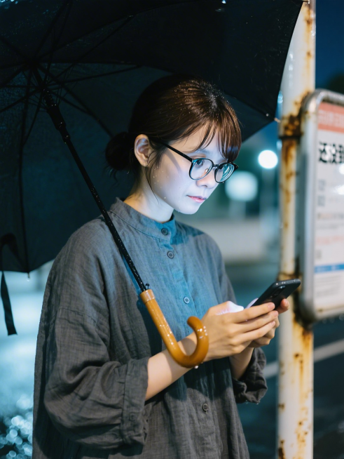 场景创意：深秋雨夜，老巷口公交站台下 · 刚收起湿伞，低头看手机时屏幕光映亮脸庞的静谧瞬间
镜头定格在年轻女子的面部特写，框定自发际线至锁骨上方。她站在锈迹斑驳的公交站牌下，肩头微湿，手中折叠伞滴着水预览效果