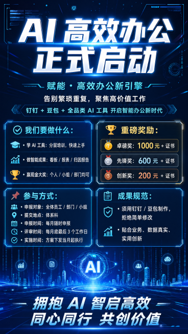 蓝色科技感AI活动海报，背景深蓝色带科技光效和数字粒子元素。主标题 "AI 高效办公 正式启动" 放置在顶部加粗醒目。正文内容从上到下依次排列：副标题 "赋能・高效办公新引擎"，段落文字 "告别繁琐重预览效果