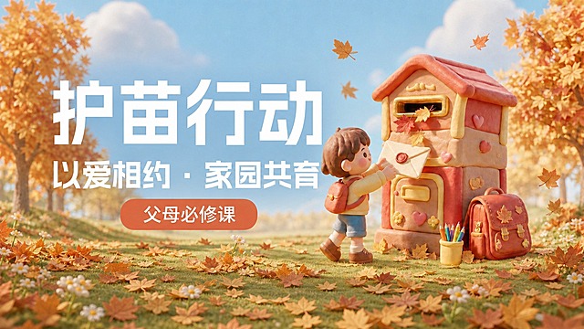 将图片左侧的文字"护苗行动"和"以爱相约·家园共育"以及"父母必修课"标签整体放大，文字组在画面左半部分上下垂直居中对齐，保持原有字体风格和白色文字颜色，右侧的卡通小孩、邮箱和秋季背景保持不变，画面整体和谐