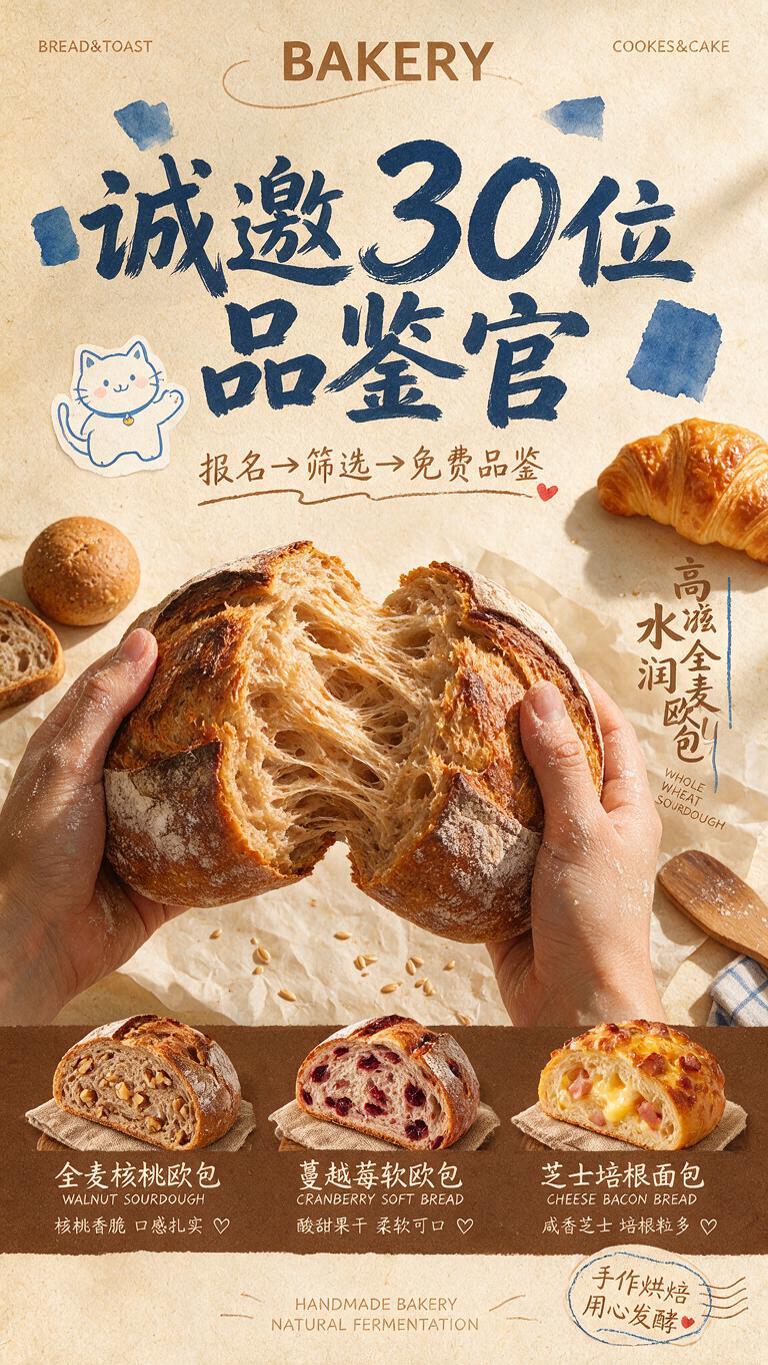 烘焙面包品鉴官招募海报，9:16竖版，手作烘焙温馨风格。 [整… - 图片创意预览