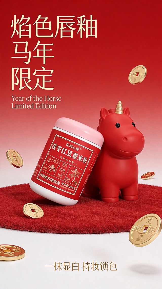 商业摄影，极简主义电商海报。画面中心是参考图靠在磨砂卡通胖胖可爱的红色小马雕塑上。背景是红色渐变，下方为红色绒面地毯，周围漂浮着金色的铜钱硬币。左边大号优雅金色纤细字体"焰色唇釉  马年  限定"，现代无衬线黑体，字体有起伏的节奏；下方搭配小号优雅衬线体"Year of the Horse Limited Edition"。底部居中有一行优雅小字：“一抹显白 持妆锁色”。整体排版呈现杂志风格，留白透气，文字颜色为淡金色，层级分明，具有高级平面设计感。高质量，柔和的演播室灯光，3D渲染，细腻的材质，节日氛围。