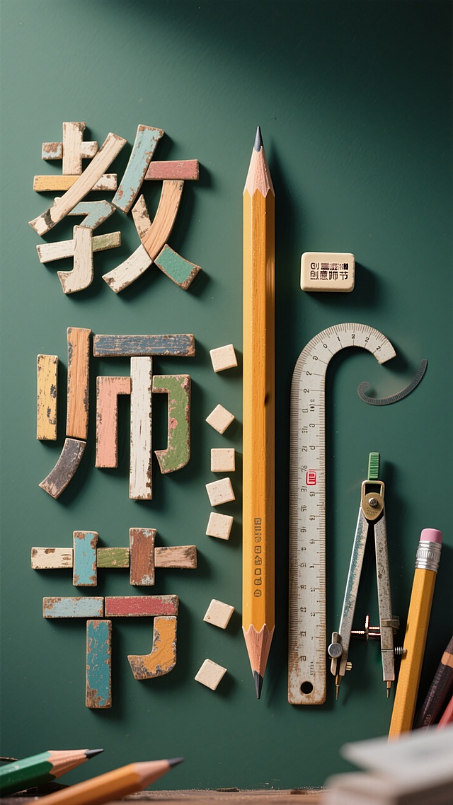 "教师节"文字，三个字的笔画由不同的文具拼接而成，放在一块简单的墨绿色背景上。