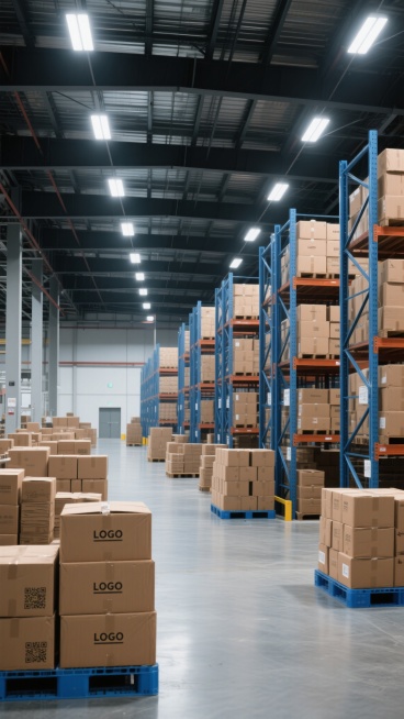 高写实主义摄影风格，展示一个不同样式的现代化大型仓库内部场景。仓库内光线明亮，顶部安装有规则排列的白色LED照明灯具，光线均匀地洒在整个空间。仓库采用钢结构屋顶，黑色金属横梁清晰可见。画面中整齐排列着多组不同样式的仓储货架，部分为蓝色金属材质的高层货架，上面堆满了封装好的纸箱；地面上则有大量不同堆叠方式的棕色纸箱，部分放置在蓝色塑料托盘上。整体色调以工业灰、金属蓝和纸箱的棕色为主，色彩真实自然……预览效果