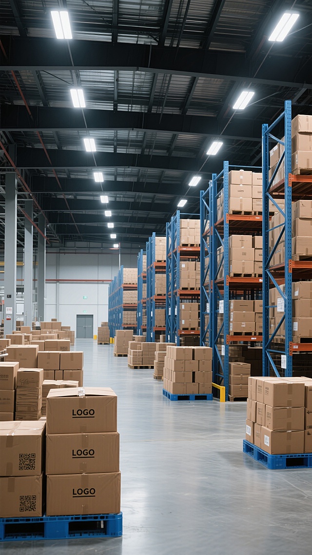 高写实主义摄影风格，展示一个不同样式的现代化大型仓库内部场景。仓库内光线明亮，顶部安装有规则排列的白色LED照明灯具，光线均匀地洒在整个空间。仓库采用钢结构屋顶，黑色金属横梁清晰可见。画面中整齐排列着多组不同样式的仓储货架，部分为蓝色金属材质的高层货架，上面堆满了封装好的纸箱；地面上则有大量不同堆叠方式的棕色纸箱，部分放置在蓝色塑料托盘上。整体色调以工业灰、金属蓝和纸箱的棕色为主，色彩真实自然，光影过渡柔和，具有明显的空间纵深感和立体感。仓库环境整洁有序，体现出现代物流仓储的高效与规范，无任何文字、LOGO及二维码元素。