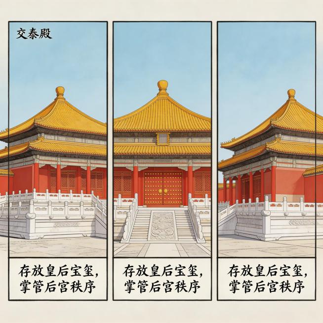 写实国风漫画后三宫实景格，呈现真实故宫交泰殿，方形攒尖顶实景，文字标注“存放皇后宝玺，掌管后宫秩序”，写实国风漫画风格，色调贴合朱红、明黄、汉白玉白，贴合故宫实景预览效果