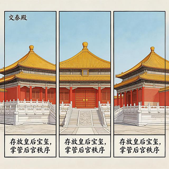 写实国风漫画后三宫实景格，呈现真实故宫交泰殿，方形攒尖顶实景，文字标注“存放皇后宝玺，掌管后宫秩序”，写实国风漫画风格，色调贴合朱红、明黄、汉白玉白，贴合故宫实景