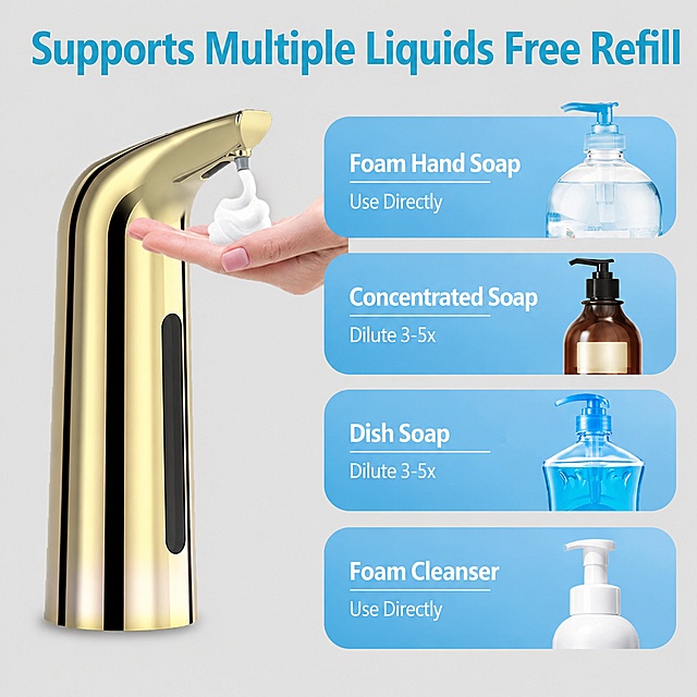 [Main Image 4] Compatible liquid types display, easy refilling feature
[Aura Style] Informative graphic product photography, clear classification
[Quality] Clear layers, text readable, commercial material specifications
[Elements] The gold soap dispenser is placed on the left of the picture, accounting for about 40% of the space, the shape is consistent with the input product picture. The right side is divided into four horizontal areas, each area displays one compatible liquid with product image: foam hand soap, concentrated hand soap, dish soap, foam facial cleanser, each with corresponding text description. The overall background is low saturation light gray. Keep the product appearance absolutely consistent with the input product picture, eliminate any deformation
[Lighting] Soft uniform lighting, products and liquid samples have clear texture
[Color Matching] Main background light gray, product gold, compatible area uses light blue background blocks, white text, clear contrast
[Perspective Composition] Left product right text and image layout, clear hierarchy
[Text Layout] The top has the main title "Supports Multiple Liquids Free Refill", large font. Each compatible area has the product name and description: "Foam Hand Soap / Use Directly", "Concentrated Soap / Dilute 3-5x", "Dish Soap / Dilute 3-5x", "Foam Cleanser / Use Directly", text clear and concise, do not block the main product
[Output Requirements] 1:1 square, 2048x2048 pixels, ultra high definition commercial photography texture
[Negative Prompt] Deformed product, text confusion, wrong liquid classification, Chinese characters, watermark