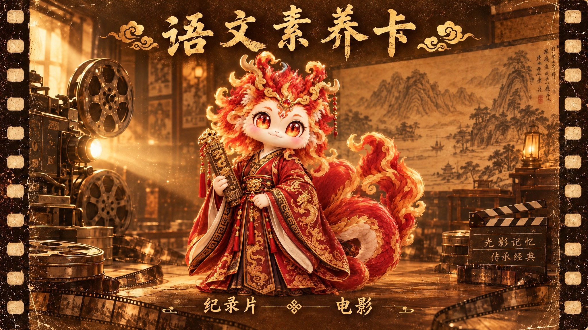 复古电影风语文素养卡图，1080乘616像素。中间是穿红金汉服… - 图片创意预览