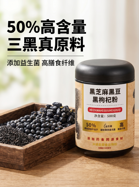 [主图 2] 黑芝麻黑豆黑枸杞粉核心原料展示。氛围风格：真实原料自然健康风格。画质：商业摄影质感、光线柔和通透、产品清晰真实、画面干净高级，2K分辨率文字清晰可辨。元素：保持黑芝麻黑豆黑枸杞粉产品罐外预览效果