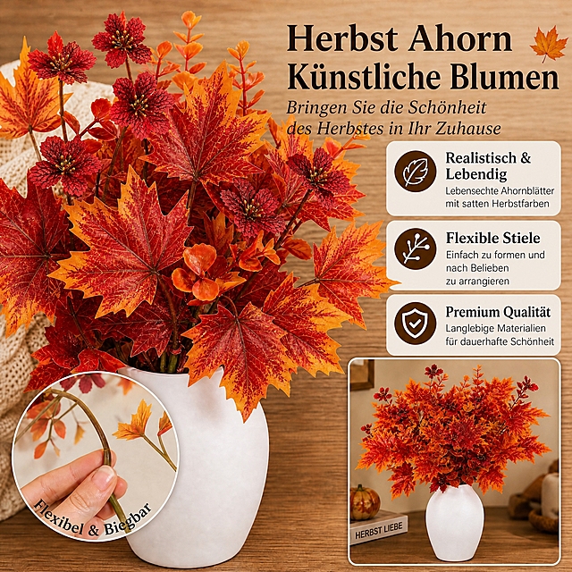 Change all text in this product infographic to natural fluent German suitable for Amazon Germany customers: replace title "Autumn Maple Artificial Flower" with "Herbst Ahorn Künstliche Blumen", replace subtitle "Bring the beauty of fall into your home" with "Bringen Sie die Schönheit des Herbstes in Ihr Zuhause", replace "Realistic & Vibrant" with "Realistisch & Lebendig" and description "Lifelike maple leaves with rich autumn colors" with "Lebensechte Ahornblätter mit satten Herbstfarben", replace "Flexible Stems" with "Flexible Stiele" and description "Easy to shape and arrange as you like" with "Einfach zu formen und nach Belieben zu arrangieren", replace "Premium Quality" with "Premium Qualität" and description "Durable materials for long-lasting beauty" with "Langlebige Materialien für dauerhafte Schönheit", replace "Flexible & Bendable" with "Flexibel & Biegbar", keep all product images, icons and layout unchanged, warm wooden background, clean commercial infographic layout, 1:1 square composition, ultra clear