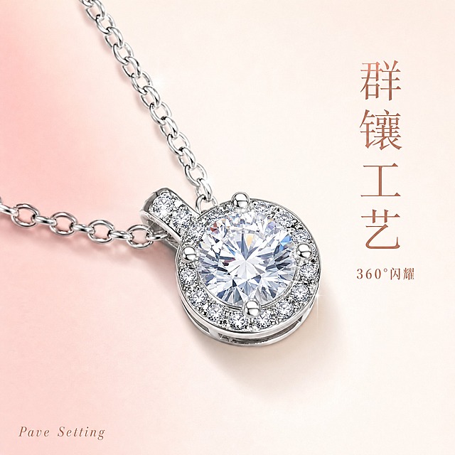 [主图-2] 核心亮点 材质与工艺 展示群镶工艺与925银质感
[统一基调] 精致高级珠宝摄影风格 香槟粉与奶油白渐变背景 柔光箱高光 窄条轮廓光 星芒点光点缀 文艺纤细衬线字体 玫瑰金与白色文字搭配 极少量文案 克制优雅
[画面] 项链吊坠微距特写 主体占比约70% 视角略微俯视 聚焦吊坠正面的群镶结构 主石圆形大锆石居中 周围一圈小锆石紧密排列 四爪镶嵌清晰可见 爪位精致规整 银色金属托质感细腻 链条从吊坠两侧延伸出画面 背景为纯净的奶油白渐变 左侧有柔和的粉色光晕 产品外观与输入图完全一致
[光影质感] 微距珠宝精修质感 主石火彩丰富 小锆石每一颗都有独立高光 金属表面有细腻的拉丝与抛光对比 边缘轮廓光清晰锐利 底部阴影柔和 宝石内部通透无杂质 金属无划痕无指纹
[配色] 背景奶油白到浅粉渐变 产品银色与透明锆石 文字玫瑰金色 整体干净高级
[文字版式] 画面右侧竖排两行短文案 主标题"群镶工艺" 玫瑰金色纤细衬线体 下方小字"360°闪耀" 字号缩小 文字放在右侧负空间 不遮挡吊坠主体 左下角极小号英文工艺标注"Pave Setting"
[输出要求] 1:1正方形 2048x2048像素 文字清晰 产品细节锐利 无变形 无错字 无模糊 无水印 无平台Logo 禁止宝石过曝发白 禁止金属发灰发青