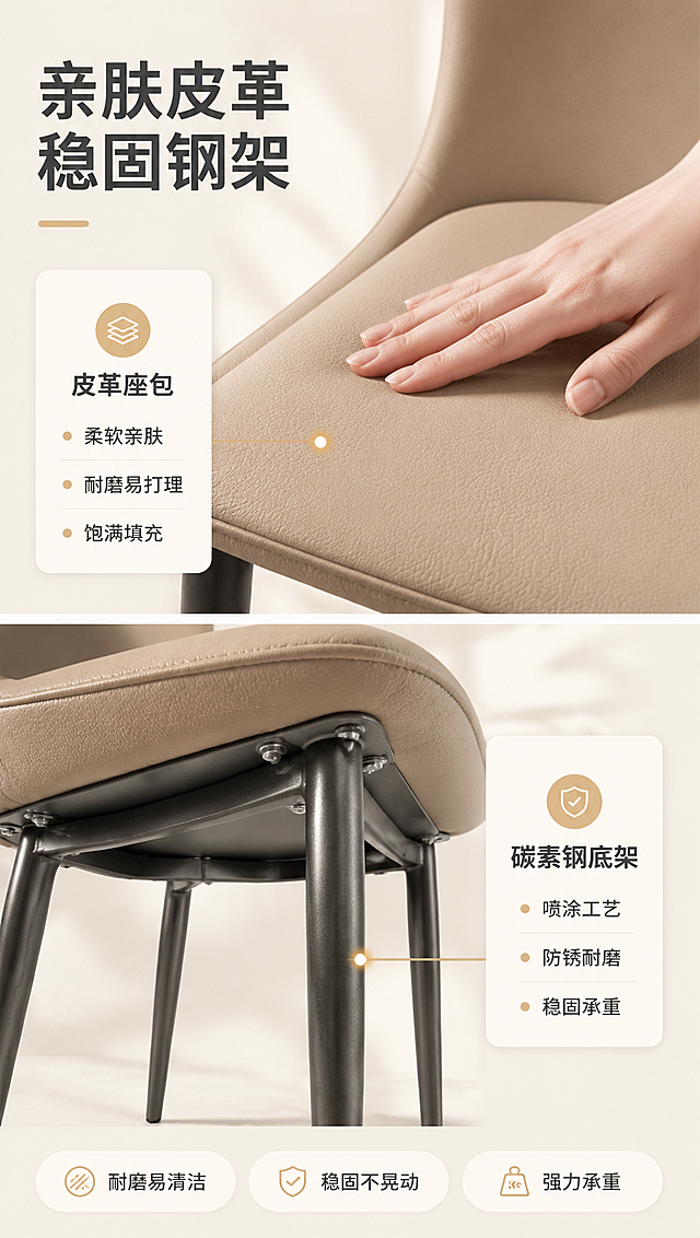 [商品] 使用【图1】DY-8802A卡其色餐椅；保留皮革座包、碳素钢腿、卡其色和整体结构；重点放大座包皮革纹理与金属腿喷涂工艺细节，不改变产品原貌。
[画面] 页面目标：材质工艺证明，建立品质信任。上下分栏构图，上半部分为皮革座包微距特写（手部轻触皮革表面），下半部分为碳素钢底架细节特写（金属腿与座包连接处）。左右两侧配信息卡说明。产品细节占画面约70%。背景为纯净暖白+柔和投影。
[视觉] 套系策略：风格=亮色调轻奢家居商业摄影；标题字=现代无衬线粗体（思源黑体Heavy）；正文字=简洁无衬线体（思源黑体Regular）；主色=暖米白+卡其色；背景延展=基于暖米白做深浅层级、同色渐变和细腻哑光墙面/布艺质感；强调色=浅香槟金，仅用于小面积图标、引线、标签和装饰线条；标题色=深炭灰；正文色=中暖灰；组件=圆角浅底信息卡、细线引线、胶囊形卖点框；光影=左前侧暖柔光，午后自然光感，柔和阴影。
[文字] 左上主标题「亲肤皮革 稳固钢架」（8字）。皮革特写旁信息卡：「皮革座包」+ 3个小点「柔软亲肤」「耐磨易打理」「饱满填充」。金属腿特写旁信息卡：「碳素钢底架」+ 3个小点「喷涂工艺」「防锈耐磨」「稳固承重」。文字均为横排，字号保证手机端可读。
[规格] 淘宝/天猫详情页，单屏比例9:16竖版，分辨率4K，负向提示：避免变形、错字、文字过小、冷蓝/蓝灰背景、产品颜色改变、结构失真、极限词、平台Logo、水印。