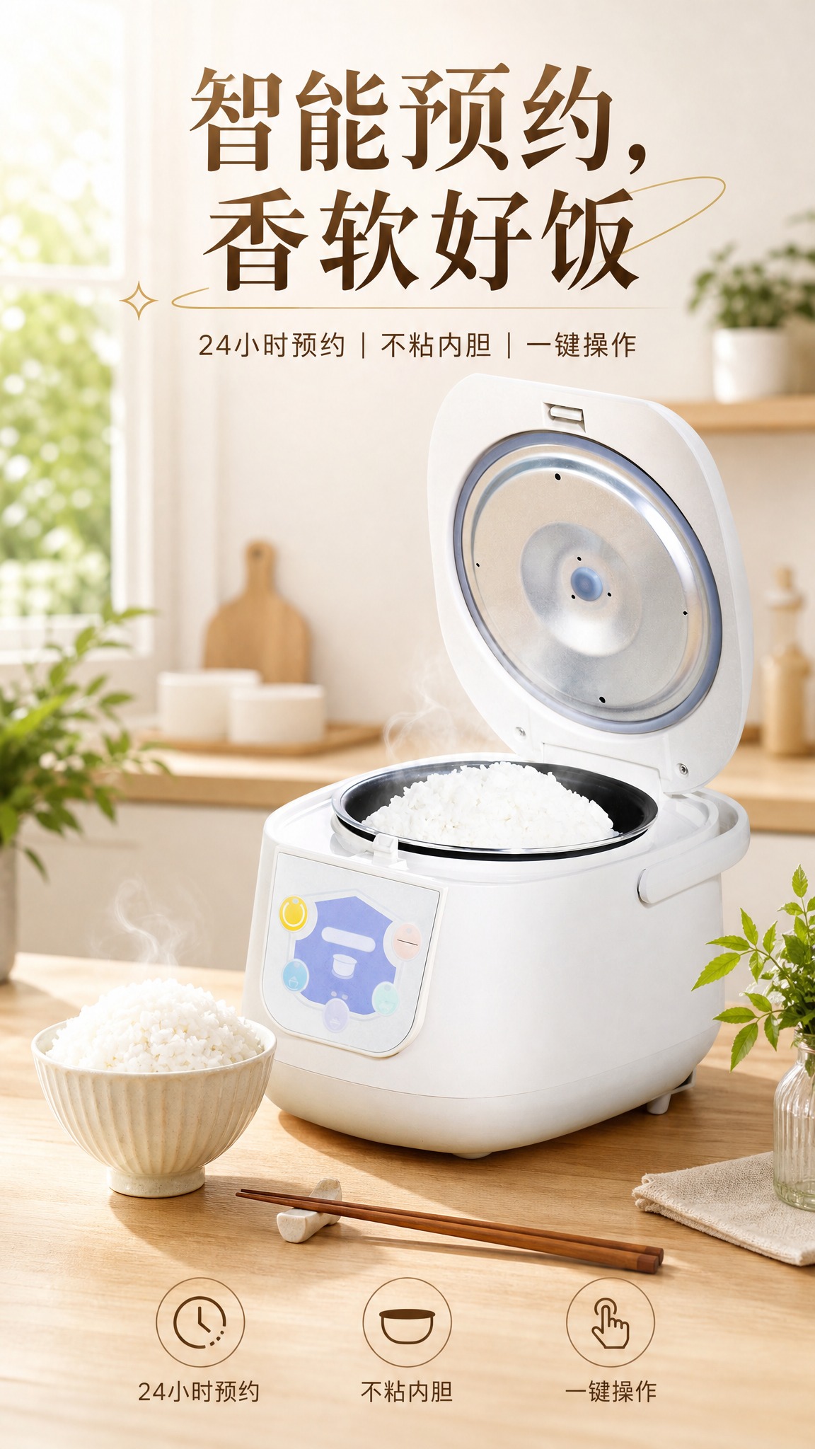 现代简约风格电饭煲电商海报，9:16竖版构图。画面主体是一台白… - 图片创意预览