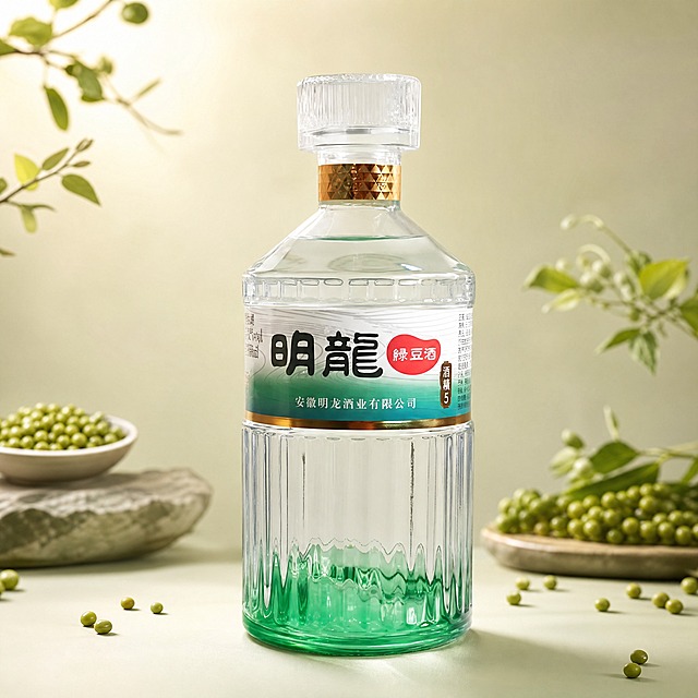 [主图-1] 单瓶明龙绿豆酒正面展示，突出产品整体外观与品质感。将背景替换为浅米色渐变搭配柔和绿豆元素点缀，画面鲜艳但不过艳，整体色调以翡翠绿、米白、暖金为主，自然柔光商业摄影质感，画面干净无任何额外添加的文字。产品居中摆放，瓶身完整不切割，正面标签清晰可见，瓶身玻璃通透，底部绿色渐变自然，底部有自然投影，产品占画面约65%。视角为正面微仰视，体现产品稳重感。商业摄影质感，主光来自左上方45度，瓶身玻璃有自然高光反射，标签文字清晰，瓶底有柔和接触阴影，整体光线均匀柔和。主色翡翠绿、米白、暖金色，背景浅米色渐变，绿色饱和度适中不刺眼，整体清新雅致又有品质感。画面中不添加任何额外文字、标签、水印、Logo，仅保留产品本身原有的标签文字。1:1正方形构图，产品清晰锐利，玻璃质感真实，无变形、无错字、无模糊、无杂乱背景、无水印、无平台Logo。