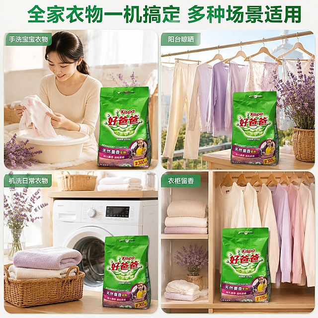 [主图-4] 好爸爸天然薰香洗衣皂粉多场景适用展示图
[氛围风格] 温馨家庭生活氛围
[画质] 商业摄影质感、光线柔和通透、产品清晰真实、画面干净高级
[元素] 采用四宫格场景展示，四个小场景分别是：1 宝妈手洗宝宝内衣 2 阳台晾晒薰香衣物 3 机洗全家日常衣物 4 衣柜晾干后衣物自带淡香。每个小场景角落点缀少量薰衣草，中心位置放置好爸爸天然薰香洗衣皂粉产品，保持产品外观、物理结构、材质质感、颜色与输入产品图绝对一致，杜绝任何变形和色差，精细化处理。每个场景自然真实，生活化氛围感强，不杂乱。整体商品占比合理，每个场景产品突出。
[光影] 每个场景都使用自然家庭光线，明亮柔和，符合日常生活氛围，光影真实不生硬。
[配色] 整体浅暖家庭色调，绿色产品与家居环境自然融合，薰衣草紫色点缀，清新温馨。
[视角构图] 四宫格均分构图，每个场景独立完整，视角符合日常体验，整体干净整齐。
[文字版式] 顶部大标题 全家衣物一机搞定 多种场景适用，绿色粗体居中。每个小场景角落标注简短场景说明：手洗宝宝衣物 阳台晾晒 机洗日常衣物 衣柜留香，小字浅底白字，不遮挡场景主体。
[输出要求] 1:1比例，文字清晰锐利，超高清商业摄影质感，宽度2048px，高度2048px
[负向提示词] 变形，文字错乱，产品图模糊，背景杂乱，水印，电商平台Logo