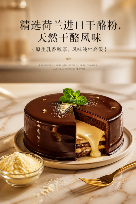 单屏完整展示，2:3 竖版比例，高端烘焙原料电商主图，高级轻奢美食静物摄影。关键元素：主体为淋面巧克力慕斯蛋糕（表面是光滑镜面巧克力淋面，顶部装饰新鲜薄荷叶与少许芝士粉，已切去一角露出内部浅黄色流心夹预览效果