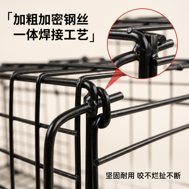 [主图-3]捕猫笼材质细节展示图
[氛围风格]品质细节特写，坚固可靠
[画质]商业摄影质感、光线柔和通透、产品清晰真实、画面干净高级
[元素]画面主体放大展示捕猫笼的笼网焊接处和门扣结构，保持产品材质预览效果