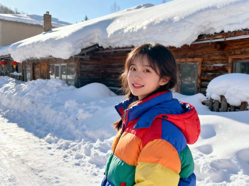 一个穿着颜色艳丽的羽绒服的女孩，在雪乡，白天，阳光明媚，房檐上厚厚的积雪，浪漫，写实预览效果