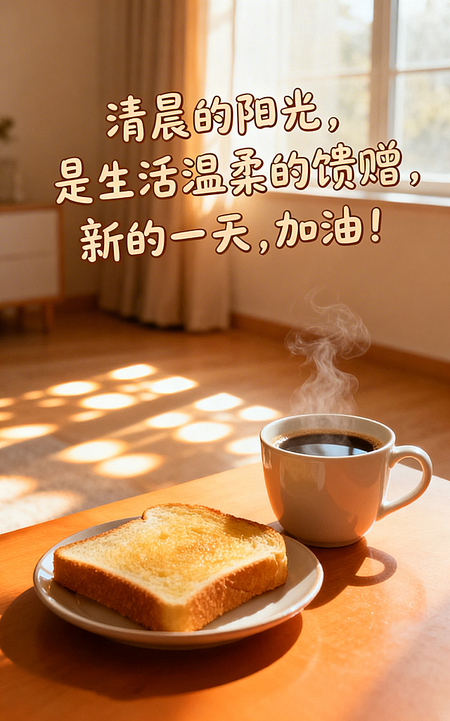 早安海报，温暖温馨氛围感，画面有清晨阳光洒进房间，桌上放着一杯热咖啡和一片吐司，添加文字"清晨的阳光，是生活温柔的馈赠，新的一天，加油！"，整体色调温暖柔和，治愈感十足