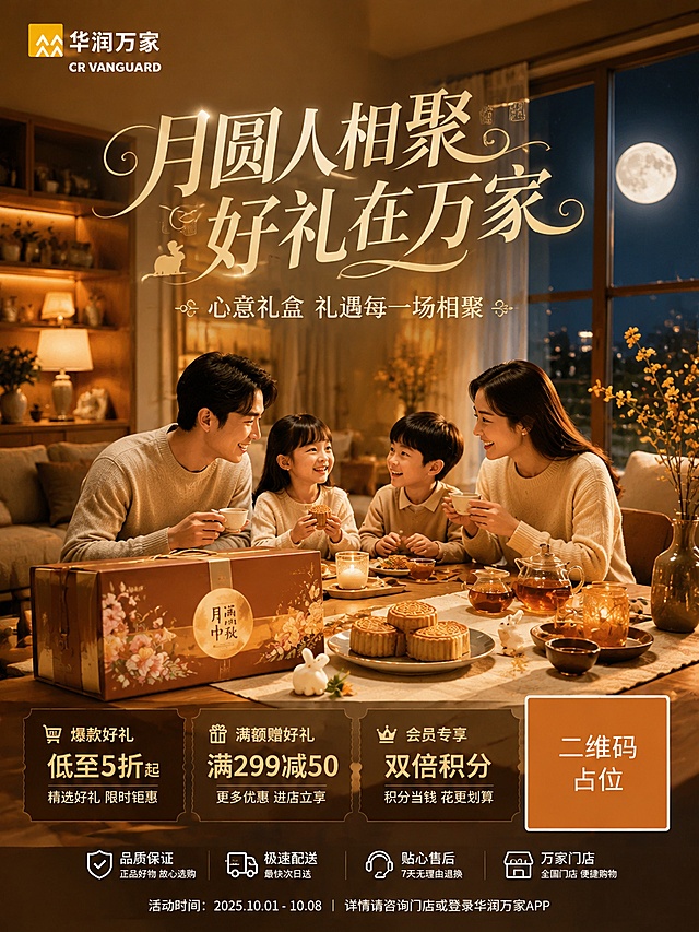 写实风格中秋节日海报，12:16竖版，高级感。画面主体是温馨的现代居家客厅餐厅场景，暖橙+米黄暖色调，夜晚柔和的暖光氛围，窗外一轮圆月高悬，月光洒入室内。餐桌上摆放着精美的中秋礼盒、月饼、茶具，一家人围坐团聚，氛围温馨治愈、高级有品质感。左上角放置华润万家logo（黄色M形图标+华润万家+CR VANGUARD文字）。画面上方主标题文字"月圆人相聚 好礼在万家"，字体做艺术化设计处理，优雅有设计感，与画面融合。副标题"心意礼盒 礼遇每一场相聚"在主标题下方。写实摄影质感，非卡通风格，色彩温暖柔和，光影细腻，构图精致有层次，高级感满满，中秋团圆氛围浓厚。画面中所有二维码区域使用纯色方块占位符呈现，方块中央标注"二维码占位"文字，严禁生成任何可识别的二维码图案。画面中所有信息区域必须填充完整合理的内容，不得出现空白框、空白占位。版式精美，文字清晰可读，2K高清画质。