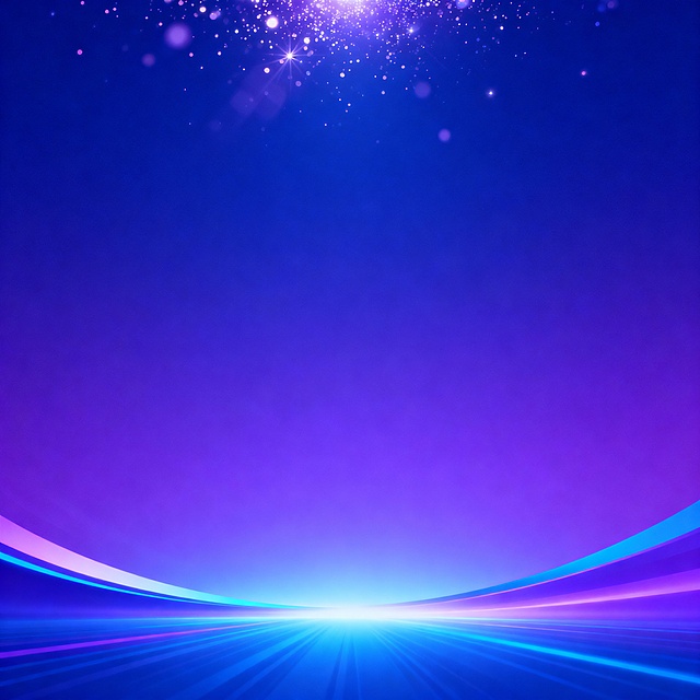 现代科技感会议背景图片生成，画面呈现蓝紫色渐变底色，底部蓝紫色曲线光线汇聚，顶部光效粒子散落，整体简洁大气，适配正式会议场景，尺寸95:11
