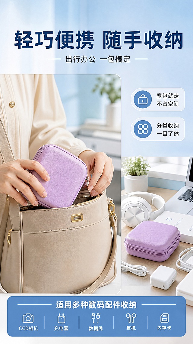 [商品] 使用【图5】浅紫色/粉色CCD收纳包；保留EVA硬壳造型、PU皮革纹理、金属拉链；增强皮革质感和拉链光泽，不改变结构和颜色；加入亚洲女性手部动作，手与包互动自然。
[画面] 第6张真人使用页，办公居家型，目标展示真实使用场景增强代入感；左右构图，左侧约60%为场景主体（女性手部从米色挎包中拿出/放入收纳包），右侧约40%为桌面收纳场景（收纳包放在书桌旁，旁边有耳机、数据线等小物件）；浅蓝+米白温馨办公背景，顶部大标题区占15%；产品占画面45%；阅读动线从顶部标题→左侧主场景→右侧辅场景。
[视觉] 套系策略：风格=1688工厂直供清新工业风商业摄影；标题字=粗黑体；正文字=常规无衬线黑体；主色=克莱因蓝；背景延展=基于克莱因蓝做浅蓝渐变、同色深浅层级、磨砂玻璃质感与几何块面；强调色=白色，仅用于小面积图标、引线、标签和按钮；标题色=深蓝；正文色=深灰；组件=圆角场景卡、手部动作引线、底部收益条；光影=窗边自然光，柔和温馨，手部动作自然真实。
[文字] 顶部主标题"轻巧便携 随手收纳"，副标题"出行办公 一包搞定"；画面右侧两个小标签："塞包就走 不占空间"、"分类收纳 一目了然"；底部蓝色条"适用多种数码配件收纳"；所有文字横排，不遮挡手部和产品主体。
[规格] 图片比例9:16竖版，4K，负向提示：避免变形、错字、文字过小、手部失真、产品颜色改变、动作不自然、连续同构。