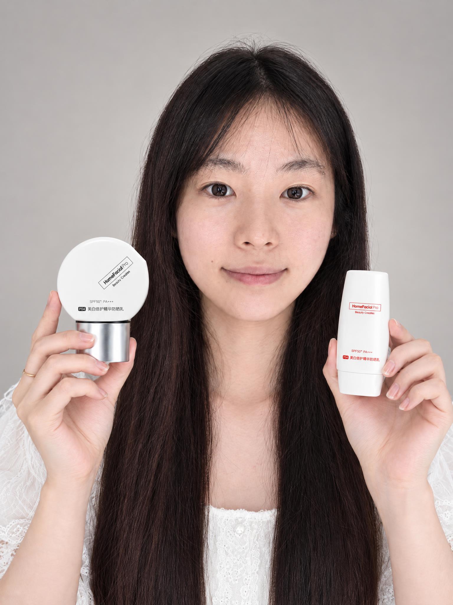 专业美妆产品棚拍，年轻东亚女性模特，黑色长直发带空气刘海，面容… - 图片创意预览