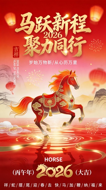 纯扁平风格，国潮插画风格，2026丙午马年竖版新年海报，国潮写意风格结合新中式美学，高分辨率8K，商业级精修画质，细节拉满，光影层次丰富，氛围宏大且喜庆
整体色调与背景：主色调为红金渐变，从顶部深邃的预览效果