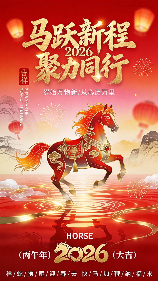 纯扁平风格，国潮插画风格，2026丙午马年竖版新年海报，国潮写意风格结合新中式美学，高分辨率8K，商业级精修画质，细节拉满，光影层次丰富，氛围宏大且喜庆
整体色调与背景：主色调为红金渐变，从顶部深邃的红过渡到中部的暖粉橙，再到底部的亮红金，画面上方是两个极度模糊的发光孔明灯；

背景为抽象写意的中式山水，底部是波光粼粼的红色水面，水面有清晰的光影反射效果，水面上漂浮着金色的流线型光带，呈蜿蜒流动状；背景中点缀半透明的白色祥云、模糊的红灯笼轮廓与金色烟花光效，烟花呈散射状，光影柔和不刺眼，

主体核心（奔马）：扁平插画风，画面中央偏下位置是一匹昂首奔腾的红金马，呈前蹄腾空、后蹄蹬地的动感姿态，马身肌肉线条流畅且富有力量感；马的主体色彩为朱红与鎏金渐变，鬃毛与马尾为橙红渐变，发丝呈飘逸的流线型，边缘有金色描边；马身装饰着复杂的金色传统纹样，包括卷草纹、云纹、宝相花纹，纹样呈对称分布，覆盖在马的颈部、腹部与腿部，纹样细节清晰，有浮雕质感；马鞍为红金配色，镶嵌红色宝石装饰，马鞍边缘有金色流苏，流苏呈自然垂坠状
文字元素（精准位置+字体+样式+色彩）：

1. 画面顶部下核心标题：“马跃新程 聚力同行”，采用金色鎏金书法字体，设计感排列在画面中上方，笔触雄浑有力，笔画有飞白效果与金属光泽，字体边缘有轻微的立体浮雕感，“马跃新程”字号大于“聚力同行”，“2026”数字巧妙融入“马跃新程”字体右侧，同样为金色鎏金质感

2. 标题下方白色极小字（第一行）：“岁始万物新/从心历万里”，白色纤细无衬线字体，居中排列，字号较小

5. 画面左侧竖排文字：上方是红色篆刻印章样式的“吉祥”二字，印章有做旧质感；下方是白色无衬线字体“2026 YEAR OF THE HORSE”，竖排排列，字号极小
6. 画面底部中央：“（丙午年）HORSE（大吉）”，白色无衬线字体，“丙午年”与“大吉”用括号标注，字号中等；下方是金色艺术化“2026”数字，数字融入马的头部轮廓元素，设计感十足
7. 画面底部最边缘：“祥/蛇/摆/尾/迎/春/去 快/马/加/鞭/纳/福/来”，白色纤细无衬线字体，分左右两部分排列在“2026”数字两侧，字间用斜杠分隔，字号极小
光影与质感：整体采用柔光打光，光源集中在奔马与水面区域，形成明暗对比；金色元素均有金属光泽与反光效果，红色元素有哑光与珠光渐变质感；祥云与烟花为半透明的朦胧质感，水面有清晰的折射与反射效果，增强画面的空间感与高级感
画面构图与氛围：竖版黄金分割构图，奔马位于画面视觉中心，文字元素上下分布，平衡画面；整体氛围宏大、喜庆、充满希望，融合传统生肖文化与现代国潮设计，寓意马年携手共进、再创辉煌