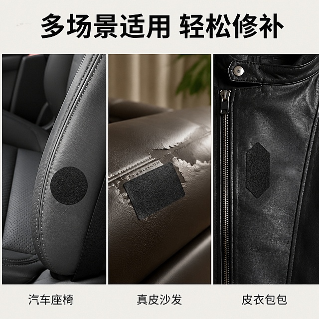 「图片1」，生成一套主图（5张），商品名称是自粘皮革补丁贴，卖点是强粘性，撕开即粘，适配拼多多平台，主图比例为1:1