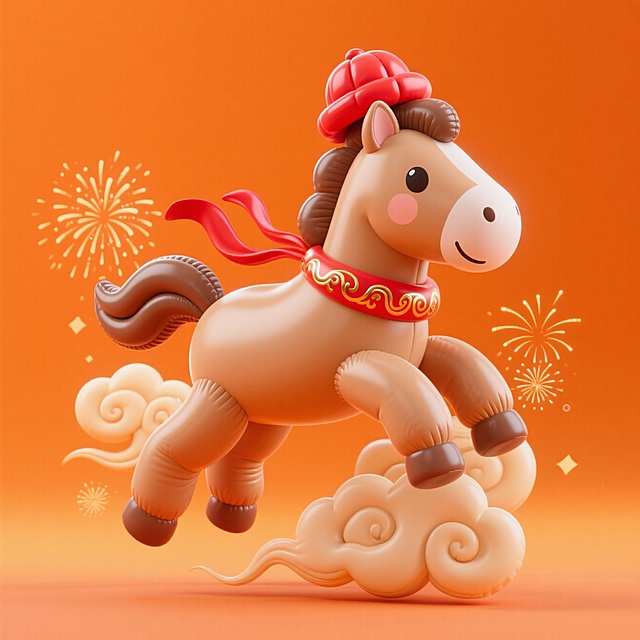 一只浅棕色小马，前蹄跃起。头戴红帽，脖子系烫金纹红飘带。橙色背景，点缀烟花、祥云纹装饰。