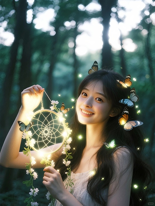 森系少女，手持发光花藤捕梦网，肌肤发光发亮，发丝发光，周身飘萤火光斑和闪闪发光的蝴蝶，背后是茂密树林与树隙漏光。