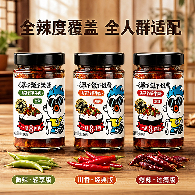 [主图-3] 吉香居暴下饭下饭酱全辣度覆盖卖点展示。
[氛围风格] 年轻潮流网红感，川式家常风味，干净整洁，突出产品多样性。
[画质] 商业摄影质感，光线柔和通透，产品清晰真实，画面干净高级。
[元素] 展示三种不同辣度的暴下饭酱瓶并排摆放，保持所有产品瓶身设计与原图一致；前方摆放不同辣度对应的辣椒，从微辣到特辣依次排列；背景为干净原木餐桌；商品主体占比约70%，满屏无边框，精细化处理产品保持一致。
[光影] 均匀柔和自然光，每个产品都清晰展示，无过曝死黑，整体通透。
[配色] 保持产品原有红白金配色，辣椒从浅绿到深红渐变展示辣度层次，原木背景温润。
[视角构图] 平视正面拍摄，三款产品整齐排列，信息直观。
[文字版式] 顶部大字文案"全辣度覆盖 全人群适配"，深棕粗体，居中排布；每个辣度下方配小字标注口味名称，清晰易读，文字不遮挡产品主体。
[比例分辨率] 1:1比例，4K分辨率，文字清晰可辨，超高清画质。
[负向提示词] 变形，水印，文字错乱，产品图模糊，背景杂乱，文字遮挡主体