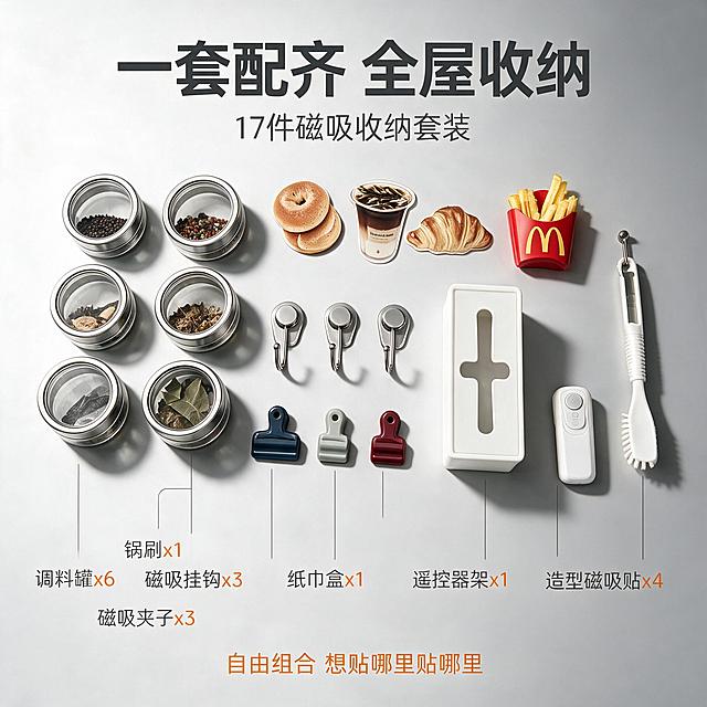 [主图-5] 规格套餐决策转化，展示磁吸收纳套装的全家福和包含的所有配件，帮助用户快速了解套餐内容。
[统一基调] 现代简约家居风格，干净明亮，专业品质感；背景主色为浅灰色渐变背景（非纯白底），标题字色为深灰色加粗，辅助字色为中灰色，强调色为暖橙色；字体为无衬线粗体，字号层级分明。
[画面] 浅灰色高级渐变背景上，全套磁吸收纳配件整齐陈列展示，分为几个区域：左侧是六个圆形透明磁吸调料罐分两排三列摆放，每个罐子里装着不同的香料；中间区域是各种磁吸挂钩和彩色夹子（金属挂钩、深蓝夹子、浅灰夹子、酒红夹子）大小排列；右侧是白色十字纸巾盒、白色遥控器架、白色长柄锅刷；上方是三个美食造型磁吸贴（贝果、咖啡杯、牛角包）和红色薯条造型收纳盒。所有配件正面展示，清晰可见，排列整齐有秩序感，产品全家福占比约70%。
[光影质感] 商业产品陈列摄影质感，顶部柔光箱均匀照明，每个配件下方有自然柔和的接触阴影，立体感强，透明罐体通透，金属配件有细腻光泽，整体干净高级。
[配色] 浅灰色渐变背景，白色收纳配件为主，彩色夹子和红色薯条盒点缀，深灰色文字，暖橙色强调色，整体清爽专业。
[文字版式] 画面顶部居中大字标题"一套配齐 全屋收纳"，标题下方小字"17件磁吸收纳套装"；画面下方对应每个品类区域用细线引出标注文字，分别是"调料罐x6""磁吸挂钩x3""磁吸夹子x3""纸巾盒x1""遥控器架x1""锅刷x1""造型磁吸贴x4"；画面底部放一行暖橙色小字"自由组合 想贴哪里贴哪里"。文字深灰色为主，数字和关键词用暖橙色，全部横排，标注清晰不杂乱。
[输出要求] 1:1正方形比例，2K高清，产品清晰完整，文字标注清晰可读，无错字，无水印，无平台Logo，无杂乱元素。