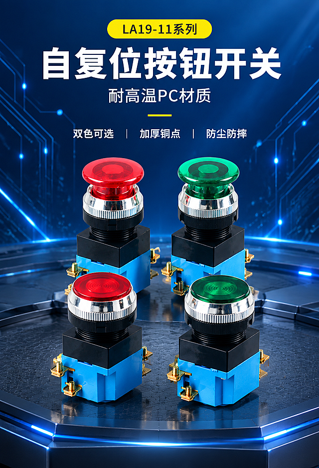 [商品] 使用【图1】LA19-11系列自复位按钮开关四款产品（红蘑菇头带灯、绿蘑菇头带灯、红平头带灯、绿平头带灯）；保留各款按钮帽颜色形状、银色金属环、黑色螺纹环、黑色+蓝色方形底座、金色铜触点的结构、比例、颜色、材质；产品精修：清理灰尘划痕毛刺，黑色和蓝色外壳质感细腻均匀，按钮帽颜色饱和纯正通透，金属环和铜触点光泽清晰。
[画面] 详情页首屏海报，重新排版设计——上中下三段式布局：顶部标题区占25%，中部产品展示区占55%，底部装饰/留空占20%；四款按钮分前后两排错落陈列，蘑菇头两款在后上方，平头两款在前下方，产品占画面约50%，中景平视，放置在科技感台面上。
[视觉] 套系策略：风格=工业科技深蓝风；标题字=思源黑体 Bold；正文字=思源黑体 Bold；主色=工业深蓝#0F2B5B；背景=深蓝色渐变科技感背景，带有电路板线路纹理和光点粒子效果，高端工业科技感，底部有深灰色科技台面；强调色=金黄色+亮蓝色；标题色=白色；正文色=白色/浅灰色；组件=黄色胶囊标签、白色大标题、黄色分隔线、三卖点横排；光影=正前上方主光均匀打亮产品，各款按钮有清晰高光，底部有柔和投影和台面反光。
[文字] 文案内容全部保留不变，重新排版：
顶部居中黄色胶囊形标签内黑色文字"LA19-11系列"；
其下大号白色粗体主标题"自复位按钮开关"；
再下方白色中号文字"耐高温PC材质"，配黄色短横线装饰；
再下方三个卖点横排，白色文字，中间用竖线分隔：
"双色可选 | 加厚铜点 | 防尘防摔"
所有字体统一为思源黑体 Bold，文字清晰锐利，不遮挡产品主体，排版整齐对称。
[规格] 宽度750px，高度约1100px（竖版详情页），4K，避免变形、错字、文字过小、产品悬浮、硬边抠图感、结构失真、文案内容改变。