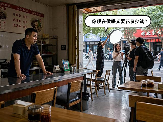 写实风格场景图，4:3比例。一家街边小餐馆内，店主站在柜台旁，神情忧虑，双手撑在台面上，眉头紧锁望向店门口。店内桌椅整齐摆放，但空无一人，十分冷清。店门口有一支拍摄团队正在忙碌工作，年轻女子手持手机对着镜头讲话，旁边有人举着灯光设备，还有人拿着拍摄器材，一行人装备齐全正在录制内容。街上行人路过却没有人走进店里。画面有清晰的文字气泡写着："你现在做曝光要花多少钱？"。整体光线自然写实，突出店主忧虑的神情和店内冷清的氛围，与门口拍摄团队的热闹形成对比，细节丰富，真实感强。