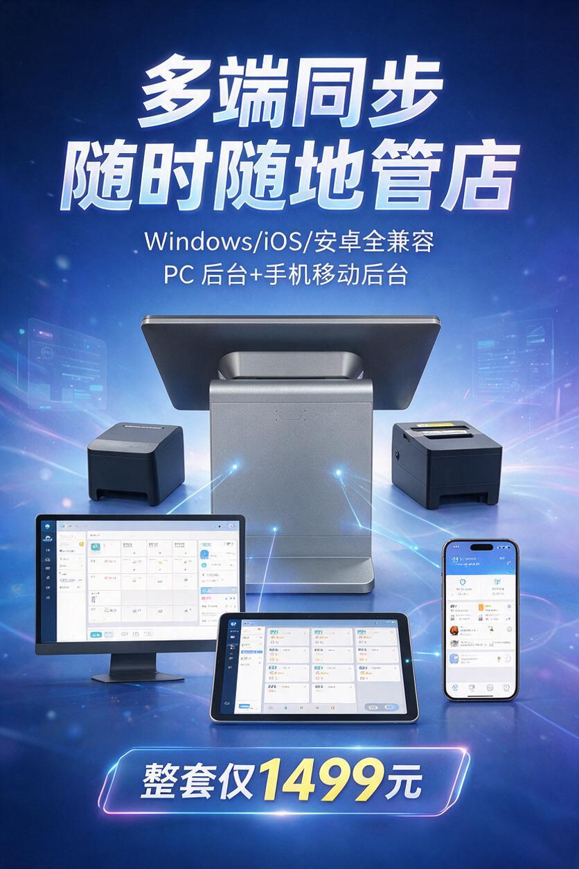 餐饮收银系统多端同步投流广告图，画面中央是银色收银一体机，周围… - 图片创意预览