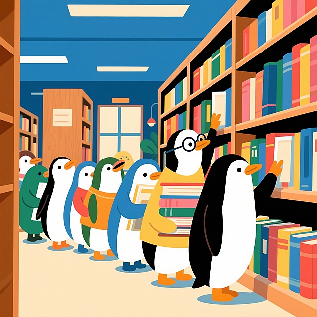 各种颜色的小企鹅们在图书馆里排队借书，它们踮着脚尖够书架上的书籍，有的戴着小眼镜，有的抱着一摞书。背景是安静的图书馆，有木质书架和温暖的灯光，企鹅们都在安静地排队，营造出浓厚的学习氛围。