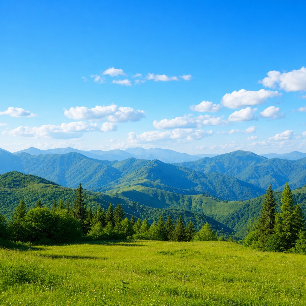 一幅美丽的自然风景图，蓝天白云下有连绵的青山和翠绿的草地，阳光… - 图片创意预览