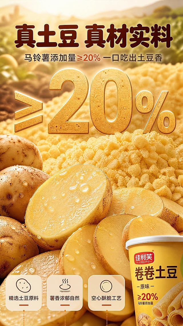 [商品] 本页为成分/原料专张，产品包装仅作辅助；右下角小图使用【图1】佳利芙卷卷土豆桶身一角，保留"≥20%"标识与桶身颜色，不改变包装文字。
[画面] 目标：突出马铃薯真材实料，原料元素占主画面。构图：上半部分大数字"≥20%"占画面中心，背景为新鲜土豆切片与土豆颗粒微距满铺，占画面70%以上；左下角散落真实土豆原料与切面，右下角小尺寸露出桶装产品作为佐证；前中后景：前景土豆切片带水珠，中景土豆颗粒纹理，背景柔焦土豆田/田园光影；阅读动线从大数字到原料细节再到产品小图。
[视觉] 套系策略：风格=抖音电商零食风暖调商业摄影；标题字=粗黑圆润零食风标题字；正文字=简洁无衬线中黑体；主色=暖米棕；背景延展=基于暖米棕+土豆黄做深浅层级、同色渐变和细腻粉质/土壤质感；强调色=橙红，仅用于小面积标签、引线和数字点缀；标题色=深棕红；正文色=中暖灰；组件=圆角浅底信息卡、细线引线、胶囊卖点标签；光影=顶部暖柔光，土豆切面有通透高光。
[文字] 顶部主标题"真土豆 真材实料"，副标题"马铃薯添加量≥20% 一口吃出土豆香"，中部超大数字"≥20%"，下方3个短句："精选土豆原料""薯香浓郁自然""空心酥脆工艺"；文字全部横排，大数字清晰醒目。
[规格] 图片比例9:16竖版，4K，负向提示：避免原料占比过小、文字蚂蚁字、冷蓝/蓝灰背景、包装文字错乱、虚假医疗功效、绝对化用语。