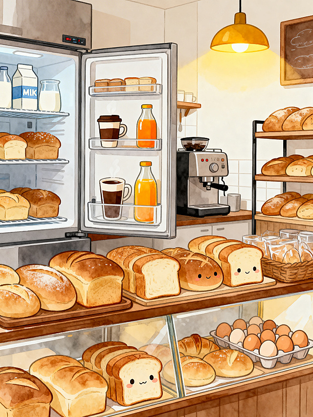 治愈系暖色调手绘插画，现代化面包店室内厨房场景，冰箱里放着牛奶、咖啡、橙汁，货架和展示柜里摆满各种面包、吐司和鸡蛋，暖黄灯光，柔和的水彩质感，可爱Q版画风，线条圆润，细节丰富，温馨治愈，整体色调为暖棕+奶油白，充满烟火气和幸福感