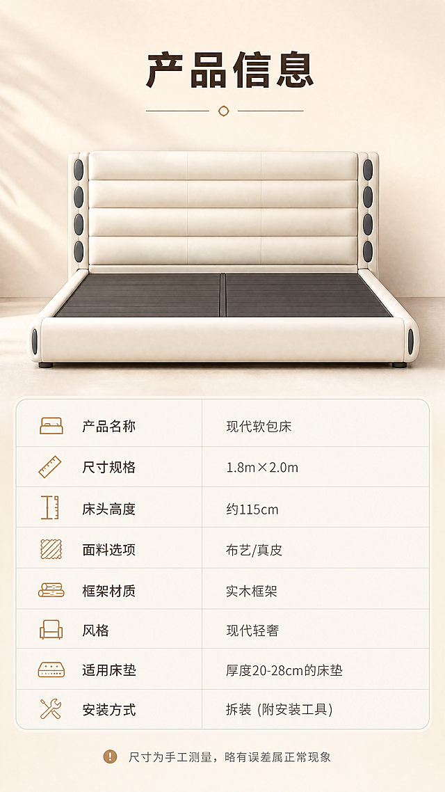 [商品] 使用【图1】米白色高饱满软包床头床架；商品处理：保留床头软包造型、落地围边结构、整体比例和米白颜色；床体正面完整呈现，用于参数页产品示意。
[画面] 页面目标：产品信息收口页，规格参数表。上下分区构图，上方约40%为床的正面完整展示（浅米色背景，产品居中），下方约60%为规格参数表格区域。产品占上方区域约70%，正面平视角度，清晰展示整体造型。背景为纯净浅米色渐变，干净简洁。
[视觉] 套系策略：风格=现代轻奢温馨卧室商业摄影；标题字=粗黑体现代无衬线；正文字=简洁无衬线体；主色=奶白米杏；背景延展=基于奶白米杏做深浅层级、同色渐变和细腻织物/哑光墙面质感；强调色=暖驼色，仅用于小面积图标、引线和标签；标题色=深暖棕；正文色=中暖灰；组件=圆角浅底信息卡、细线引线、胶囊卖点框；光影=左前侧暖柔自然光，窗边逆光勾勒轮廓，整体亮色调。
[文字] 上方产品图顶部居中写标题"产品信息"（4字）。下方参数表用浅底圆角表格，分两列：左侧参数项、右侧参数值。包含：产品名称 / 尺寸规格（1.8m×2.0m）/ 床头高度 / 面料选项（布艺/真皮）/ 框架材质 / 风格 / 适用床垫 / 安装方式。表格底部加一行温馨提示：「尺寸为手工测量，略有误差属正常现象」。
[规格] 图片比例9:16竖版，4K，避免变形、错字、文字过小、冷蓝/蓝灰背景、床颜色改变、结构失真、绝对化用语。