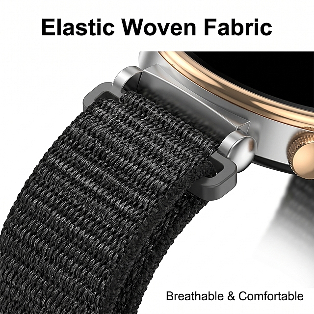 [Main Detail Image 1] Close-up showcase of woven elastic smartwatch band fabric texture. Keep the black elastic woven watch band product appearance (physical structure, material texture, color) completely consistent with the input image, eliminate any distortion and color difference, fine processing. Commercial photography texture, soft and transparent light, clear and realistic product, clean and advanced picture. Highlight the dense interlaced woven texture of the elastic fabric, close-up shot of the material, the product occupies 85% of the frame. Side light to highlight the texture of the woven, soft reflection on the metal connector. Main color is classic black, auxiliary color is gold and silver metal, pure white background. Front close-up perspective, shallow depth of field, focus on the fabric texture. Text layout: top center title 'Elastic Woven Fabric', large bold English font, white background black text, clear contrast; bottom right label 'Breathable & Comfortable', small font. 1:1 ratio, 2K resolution, text clear and recognizable, ultra HD. Negative prompt: deformation, watermark, text confusion, blurred product image, messy background.